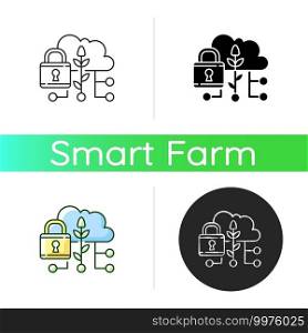 Data security in agriculture icon. Information protection. Smart farm. Cybersecurity in precision agriculture. Linear black and RGB color styles. Isolated vector illustrations. Data security in agriculture icon