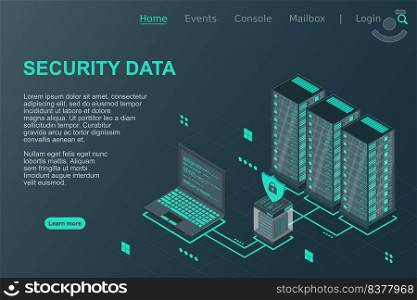 Data security isometric illustration. Illustration of a server laptop and firewall. Isometric technology. Vector illustration