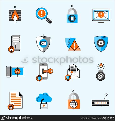 Data Security Line Icons Set. Data security line icons set with antivirus computer and mail flat isolated vector illustration