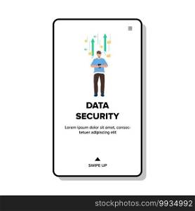 Data Security Service For Safe Information Vector. Data Security System For Protection Digital Info, Cybersecurity. Character Man Using Mobile Phone, Cyber Protection Web Flat Cartoon Illustration. Data Security Service For Safe Information Vector