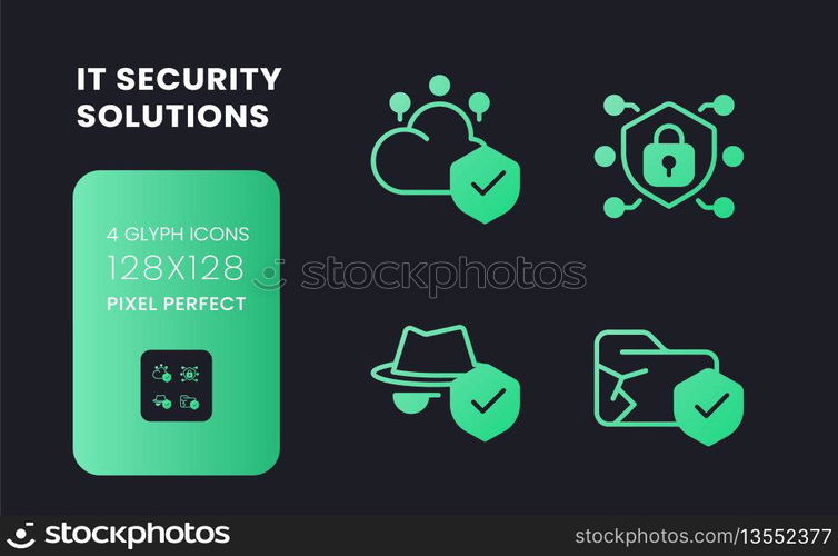 Data security solutions green solid gradient desktop icons. Cloud computing. Database encryption. Pixel perfect 128x128, outline 4px. Glyph pictograms kit for dark theme. Isolated vector images. Data security solutions green solid gradient desktop icons