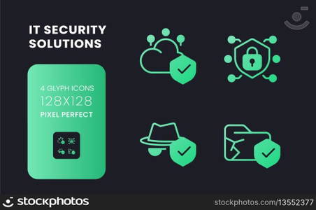 Data security solutions green solid gradient desktop icons. Cloud computing. Database encryption. Pixel perfect 128x128, outline 4px. Glyph pictograms kit for dark theme. Isolated vector images. Data security solutions green solid gradient desktop icons