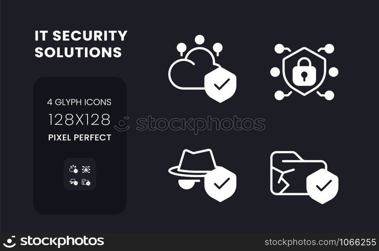 Data security solutions white solid desktop icons set. Cloud computing provider. Pixel perfect 128x128, outline 4px. Symbols for dark theme. Glyph pictograms. Vector isolated images. Data security solutions white solid desktop icons set