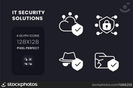 Data security solutions white solid desktop icons set. Cloud computing provider. Pixel perfect 128x128, outline 4px. Symbols for dark theme. Glyph pictograms. Vector isolated images. Data security solutions white solid desktop icons set