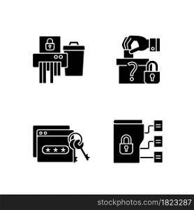 Data sensitivity black glyph icons set on white space. Security technique. Political affiliation. Password management. Information classification. Silhouette symbols. Vector isolated illustration. Data sensitivity black glyph icons set on white space