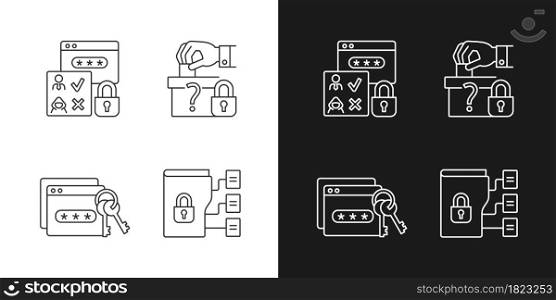 Data sensitivity linear icons set for dark and light mode. Political affiliation. Password management. Customizable thin line symbols. Isolated vector outline illustrations. Editable stroke. Data sensitivity linear icons set for dark and light mode
