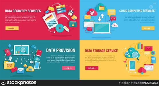 Data Services Banners Set. Data services set. Data provision, cloud computing services, data recovery service, data storage service banners. Networking communication and data icons on color background. Illustration in flat.