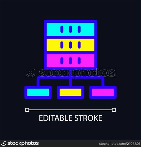 Data set technology RGB color pixel perfect icon for dark theme. Virtual storage for information. Data mining. Simple filled line drawing on night mode background. Editable stroke. Arial font used. Data set technology RGB color pixel perfect icon for dark theme
