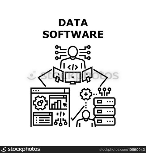Data Software Vector Icon Concept. Data Software Developing Programmer And Coding On Computer, It Worker And Technician Technology Development And Support. Server Performance Check Black Illustration. Data Software Vector Concept Color Illustration