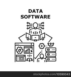 Data Software Vector Icon Concept. Data Software Developing Programmer And Coding On Computer, It Worker And Technician Technology Development And Support. Server Performance Check Black Illustration. Data Software Vector Concept Color Illustration