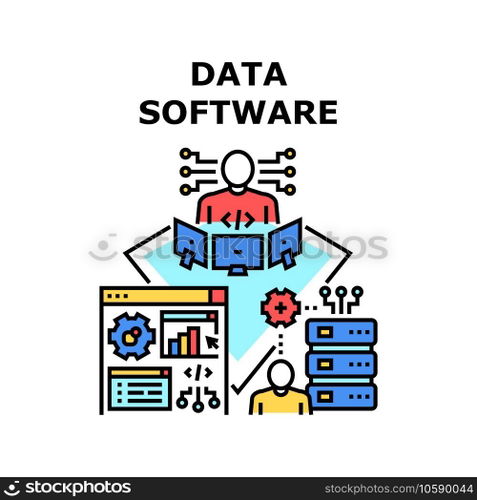 Data Software Vector Icon Concept. Data Software Developing Programmer And Coding On Computer, It Worker And Technician Technology Development And Support. Server Performance Check Color Illustration. Data Software Vector Concept Color Illustration