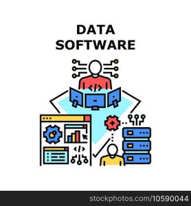 Data Software Vector Icon Concept. Data Software Developing Programmer And Coding On Computer, It Worker And Technician Technology Development And Support. Server Performance Check Color Illustration. Data Software Vector Concept Color Illustration