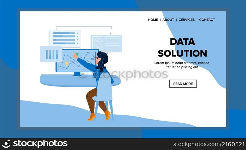 Data solution technology. information analysis. digital database. web computer cloud character web flat cartoon illustration. Data solution vector