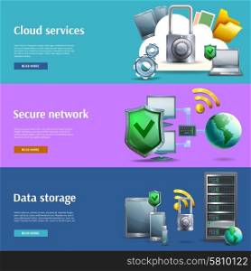 Data storage and protection banners set . Data storage and protection cartoon horizontal banners set with networks and cloud services isolated vector illustration