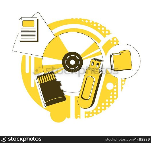 Data storage devices thin line concept vector illustration. Optical disc, flash drive, memory card 2D cartoon composition for web design. Computer accessories. Information storing tech creative idea. Data storage devices thin line concept vector illustration