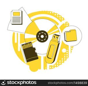 Data storage devices thin line concept vector illustration. Optical disc, flash drive, memory card 2D cartoon composition for web design. Computer accessories. Information storing tech creative idea. Data storage devices thin line concept vector illustration