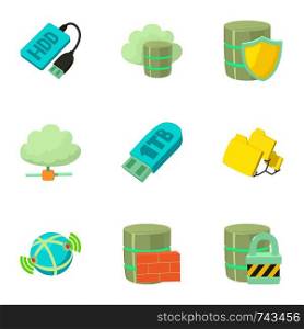Data storage icons set. Cartoon set of 9 data storage vector icons for web isolated on white background. Data storage icons set, cartoon style