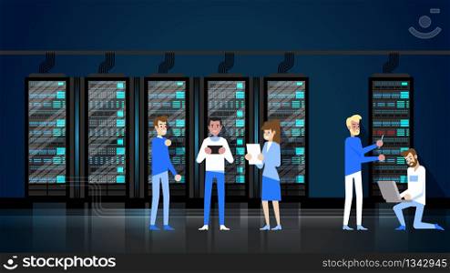 Data Storage Rack Network. Group of Engineer Staff People Administration. Digital Equipment Mainframe Cluster. Business Security Information Management. Networking Database Code Support.. Data Storage Rack Network. Staff Administration.