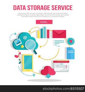 Data Storage Service Banner. Data storage service banner. Networking communication and data icons on white background. Data protection, global storage and online cloud storage, security and privacy, backup, cloud computing.