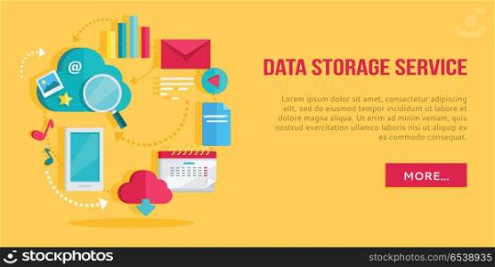 Data Storage Service Banner. Data storage service banner. Networking communication and data icons on yellow background. Data protection, global storage and online cloud storage, security and privacy, backup, cloud computing.