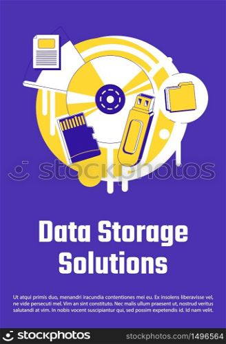 Data storage solutions poster flat silhouette vector template. Information storing technology brochure, booklet one page concept design with cartoon objects. Hardware flyer, leaflet with text space. Data storage solutions poster flat silhouette vector template