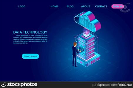 Data technology and big data processing protecting data security concept and cloud computing. digital information. isometric. cartoon vector
