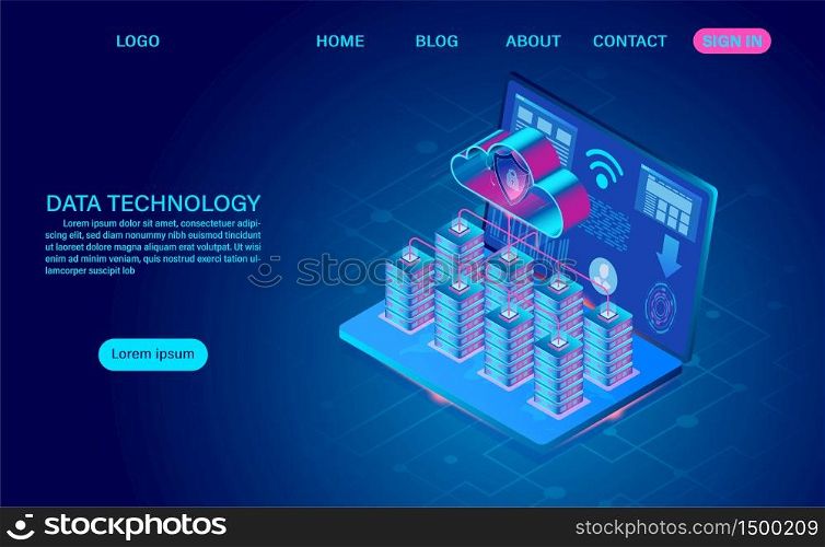 Data technology and cloud computing on computer concept. protects data from thefts data and hacker attacks. isometric flat design. Vector illustration