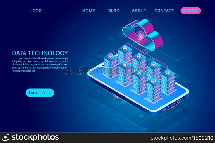 Data technology and cloud computing on mobile concept. protects data from thefts data and hacker attacks. isometric flat design. Vector illustration