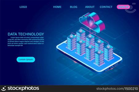 Data technology and cloud computing on mobile concept. protects data from thefts data and hacker attacks. isometric flat design. Vector illustration