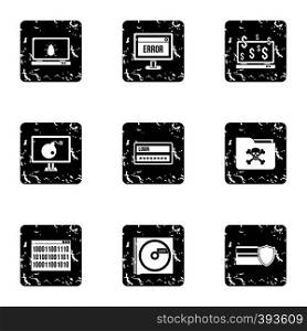 Data theft icons set. Grunge illustration of 9 data theft vector icons for web. Data theft icons set, grunge style