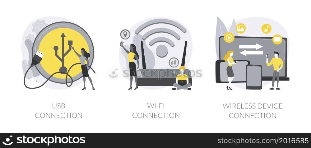 Data transfer abstract concept vector illustration set. USB connection, free public Wi-Fi, wireless device connection, computer network, device connection cable, standard USB port abstract metaphor.. Data transfer abstract concept vector illustrations.