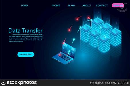 Data Transfer concept, downloading and uploading data to the server. vector illustration isometric style
