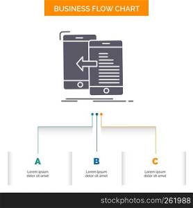 data, transfer, mobile, management, Move Business Flow Chart Design with 3 Steps. Glyph Icon For Presentation Background Template Place for text.