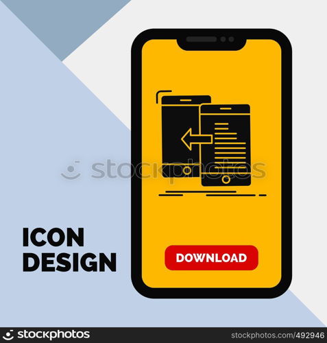 data, transfer, mobile, management, Move Glyph Icon in Mobile for Download Page. Yellow Background. Vector EPS10 Abstract Template background