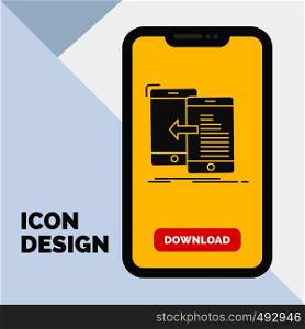 data, transfer, mobile, management, Move Glyph Icon in Mobile for Download Page. Yellow Background. Vector EPS10 Abstract Template background