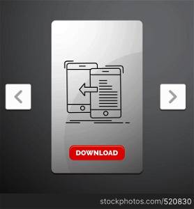 data, transfer, mobile, management, Move Line Icon in Carousal Pagination Slider Design & Red Download Button. Vector EPS10 Abstract Template background