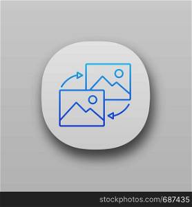 Data transforming app icon. Pictures reload. Image type changing. Data conversion. UI/UX user interface. Web or mobile application. Vector isolated illustration. Data transforming app icon