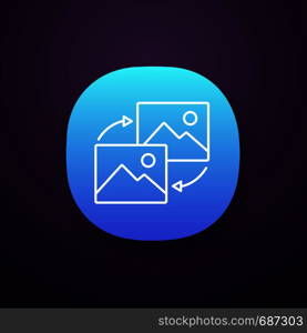 Data transforming app icon. UI/UX user interface. Pictures reload. Image type changing. Data conversion. Web or mobile application. Vector isolated illustration. Data transforming app icon