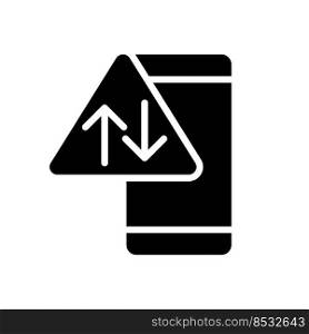 Data usage warning black glyph icon. Mobile internet service issue. Download and upload data. Smartphone. Silhouette symbol on white space. Solid pictogram. Vector isolated illustration. Data usage warning black glyph icon