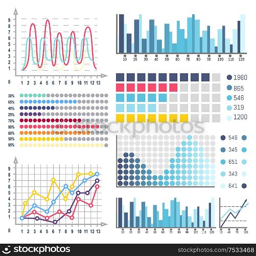 Data visual representation of business results vector. Flowcharts and graphics, schemes with scales curves in different colors. Visualize information. Data Visual Representation of Business Results