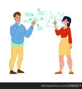 data visualisation man woman chart. digital concept. network technology. analysis big data science character web flat cartoon illustration. data visualisation vector