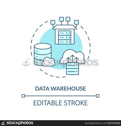 Data warehouse turquoise concept icon. Online storage. Analytics. Data repository abstract idea thin line illustration. Isolated outline drawing. Editable stroke. Arial, Myriad Pro-Bold fonts used. Data warehouse turquoise concept icon