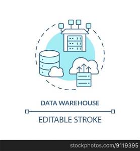 Data warehouse turquoise concept icon. Online storage. Analytics. Data repository abstract idea thin line illustration. Isolated outline drawing. Editable stroke. Arial, Myriad Pro-Bold fonts used. Data warehouse turquoise concept icon
