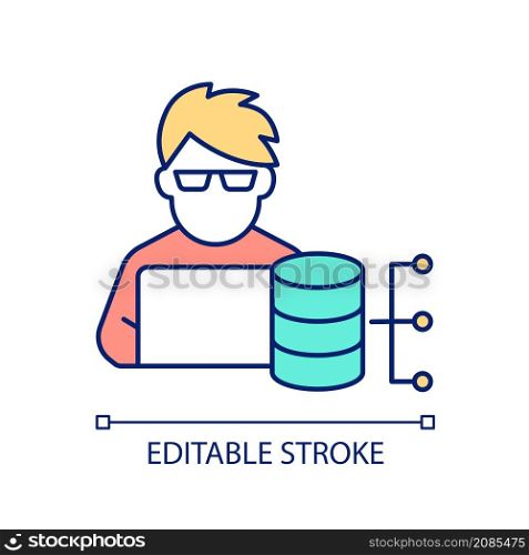 Database administrator RGB color icon. Datacenter manager. Programming specialist. System architect. Isolated vector illustration. Simple filled line drawing. Editable stroke. Arial font used. Database administrator RGB color icon
