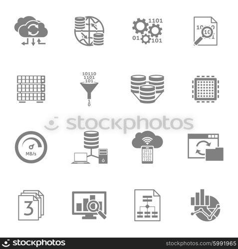 Database Analytics Black Icons Set . Information data analytics and processing black icons set with cloud storage service abstract isolated vector illustration