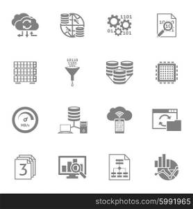 Database Analytics Black Icons Set . Information data analytics and processing black icons set with cloud storage service abstract isolated vector illustration