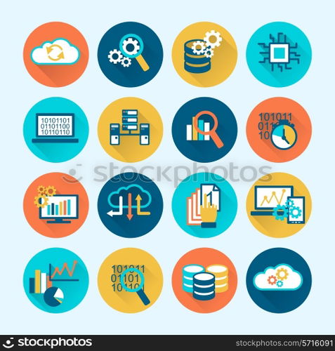 Database analytics digital network computing process icons flat set isolated vector illustration