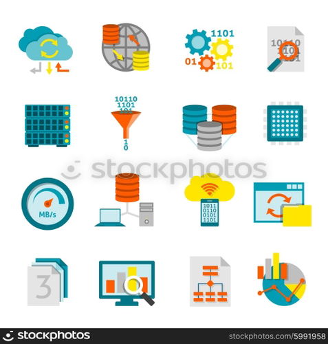 Database Analytics Flat Icons Set . Information processing computer software and data analytics for better business decisions flat icons set abstract isolated vector illustration