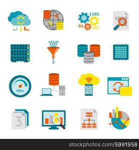 Database Analytics Flat Icons Set . Information processing computer software and data analytics for better business decisions flat icons set abstract isolated vector illustration
