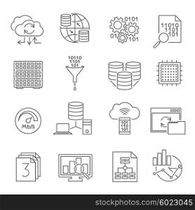 Database Analytics Line Icons Set . Data analysis analytics conclusions for business optimal strategy software icons set line abstract isolated vector illustration